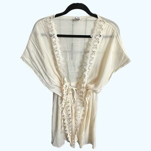 Cream lace trim kimono style swim cover-up